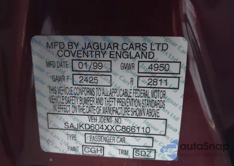 1999 Jaguar Xj8 Vanden Plas from USA, damaged, VIN SAJKD604XXC866110